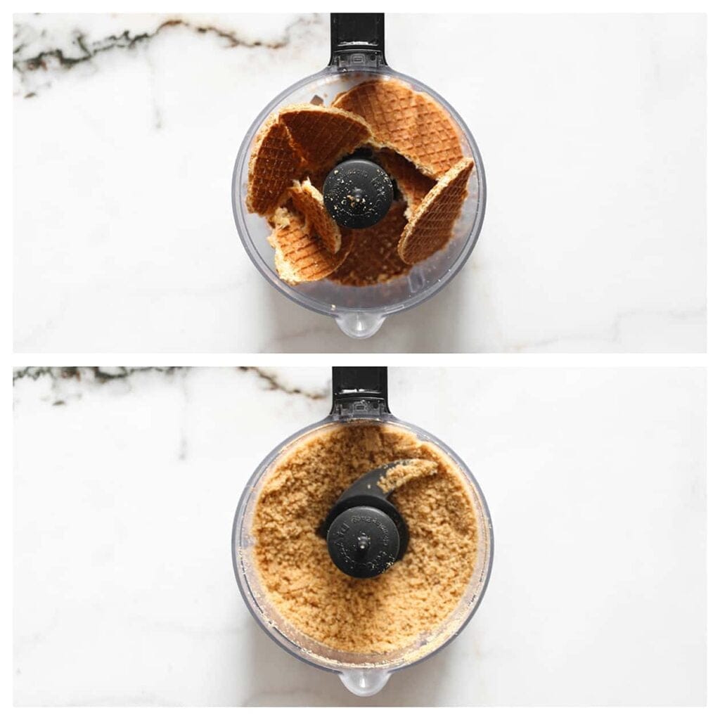 Doe de stroopwafel in een hakmolen en maal fijn.