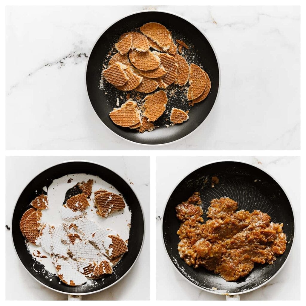 Verhit de stukjes stroopwafel samen met de ongeklopte slagroom in een koekenpan op middelhoog vuur. Roer 6-7 minuten totdat alles goed gemengd is. Laat het stroopwafelmengsel vervolgens iets afkoelen en doe het daarna in een spuitzak.