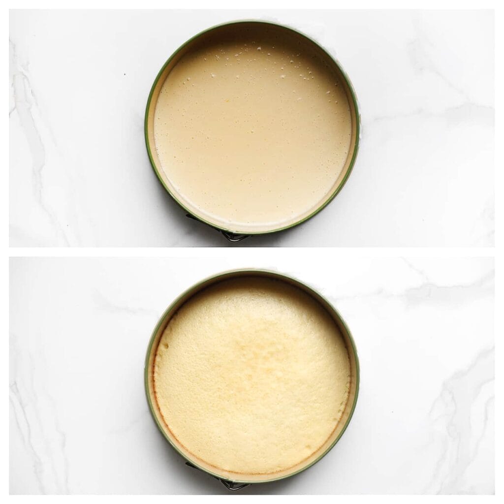 Vet een bakvorm of springvorm goed in en leg op de bodem een vel bakpapier. Giet 300 gram van het cakebeslag in de vorm. Het overige cakebeslag houd je apart.