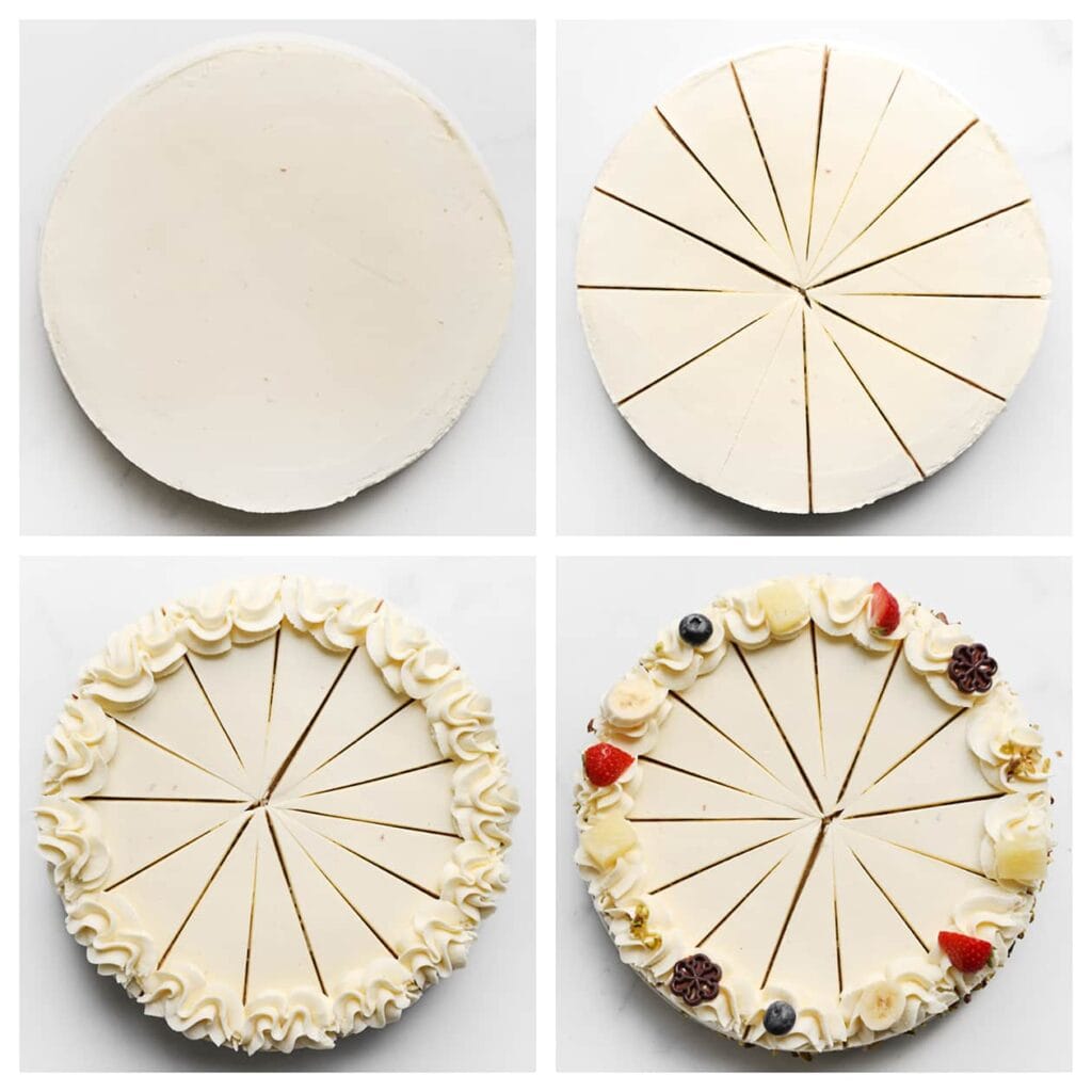 Snijd de cake in puntjes en garneer ze met room, vers fruit, chocolade en gehakte pistachenoten.