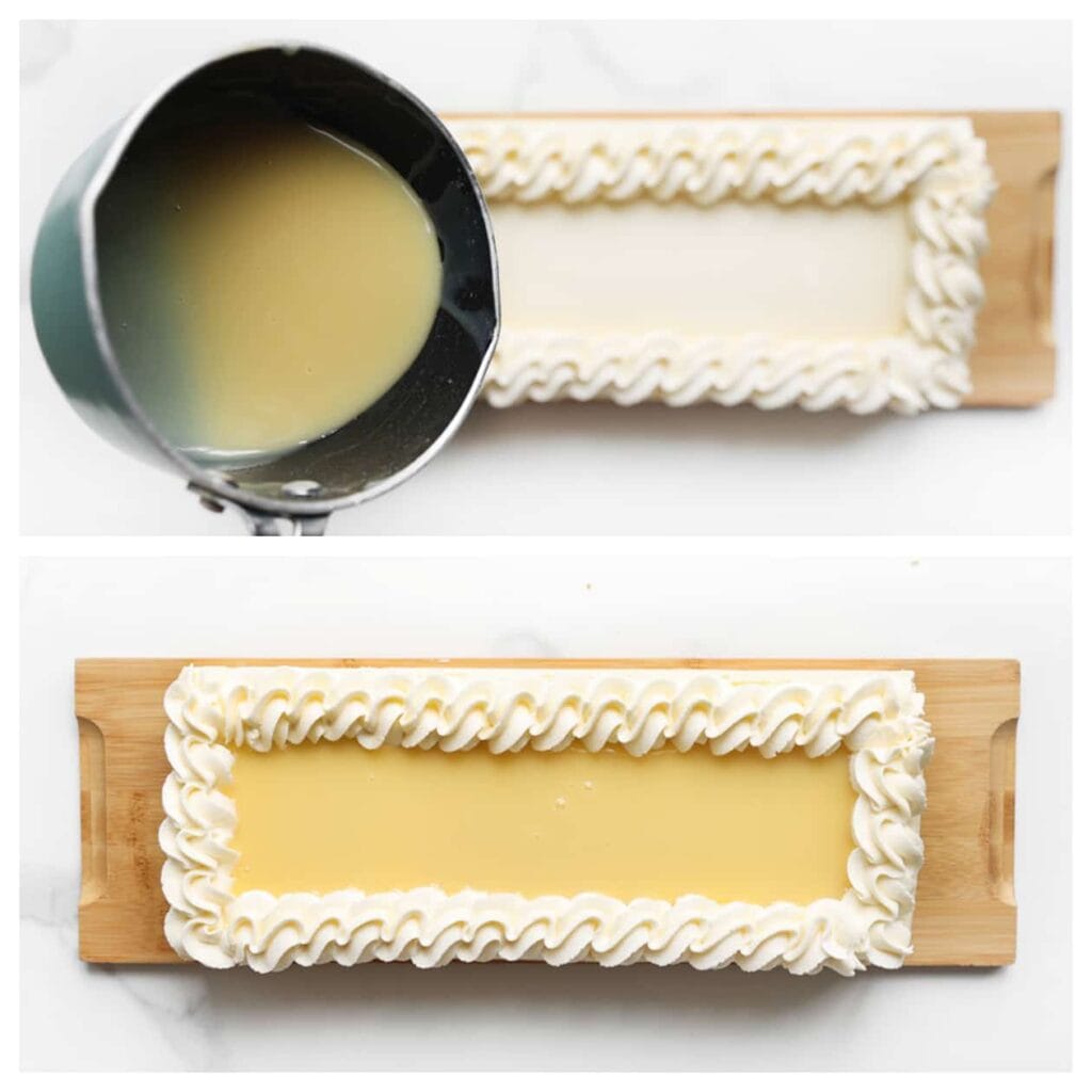 Verdeel de witte chocolade ganache gelijkmatig over het citroentaartje. Spuit er wat lemon curd op en gebruik een tandenstoker om een sierlijk patroon te creëren. Zet het citroentaartje 30-60 minuten in de koelkast zodat de ganache stevig wordt.