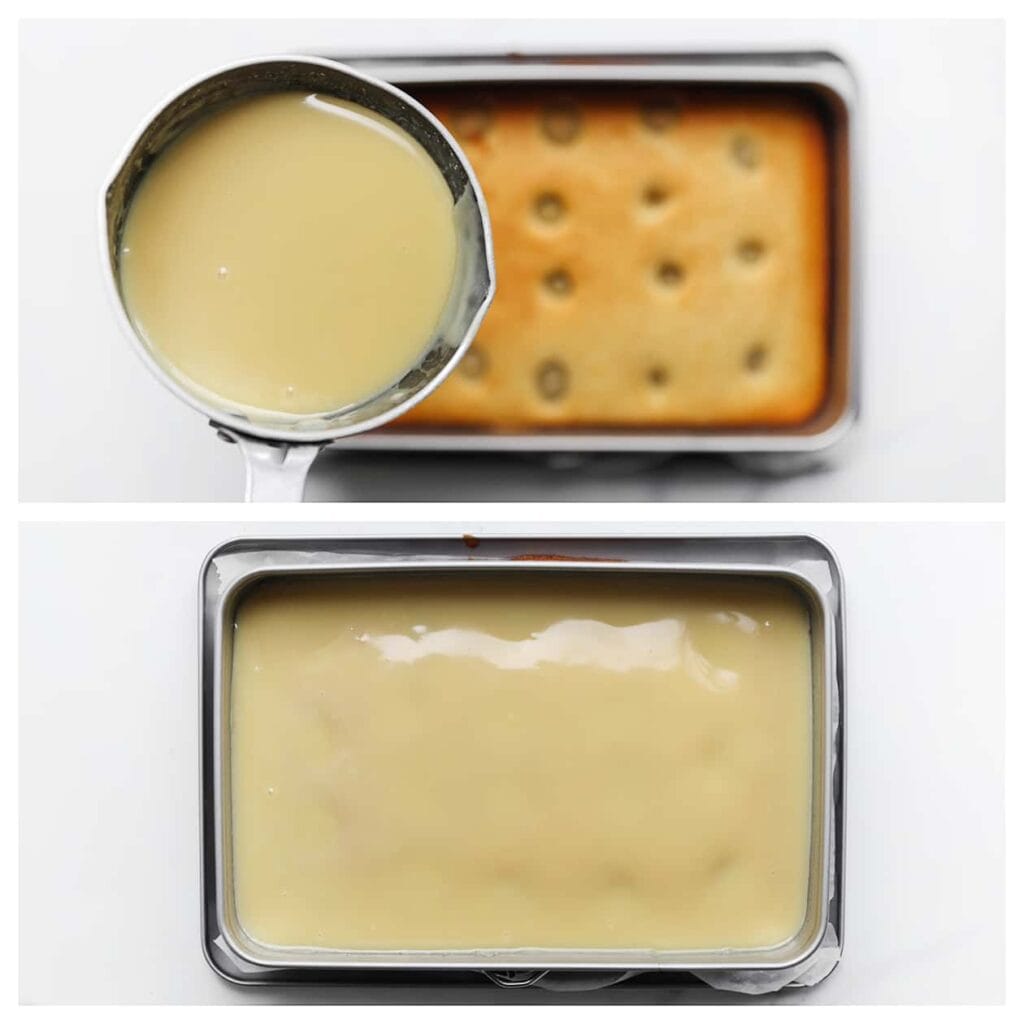 Giet de witte chocoladeganache gelijkmatig over de pistachecake.