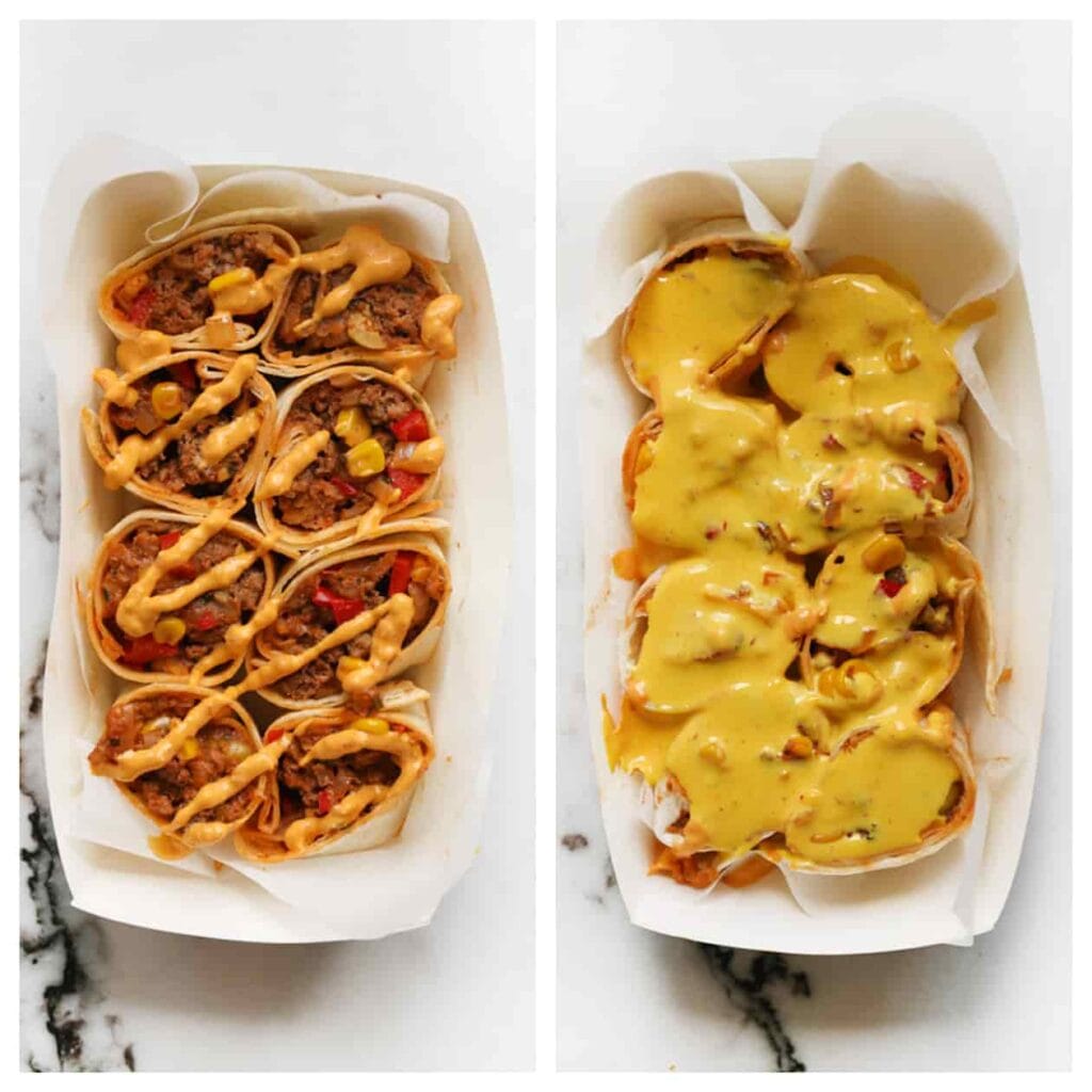 Verdeel naar wens wat saus en kaassaus over de wraps. Serveer met een selectie van frisse groenten en toppings naar keuze. Bismillah, eet smakelijk!