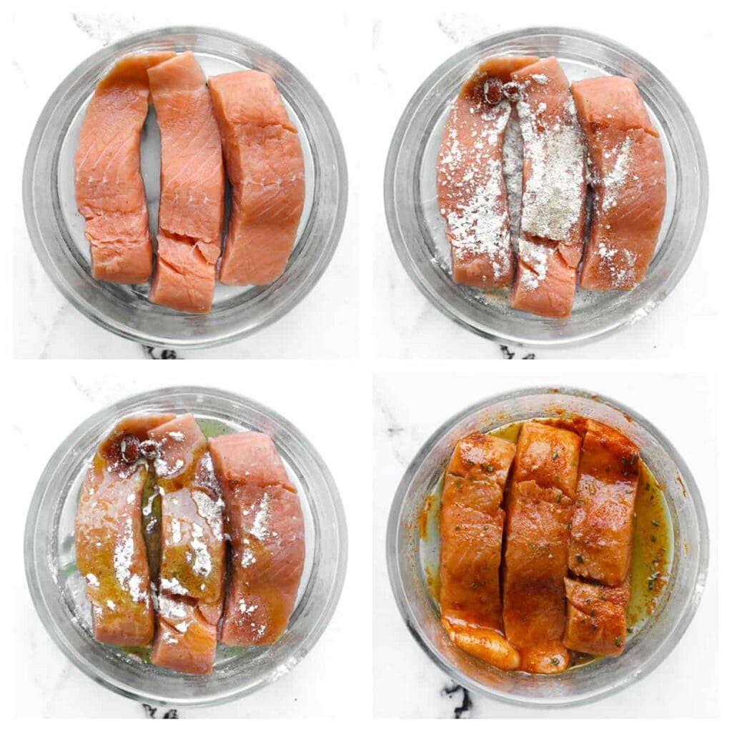 Doe de zalm, uienpoeder, knoflookpoeder, paprikapoeder, gedroogde peterselie en olijfolie in een kom. Meng goed en zet apart.