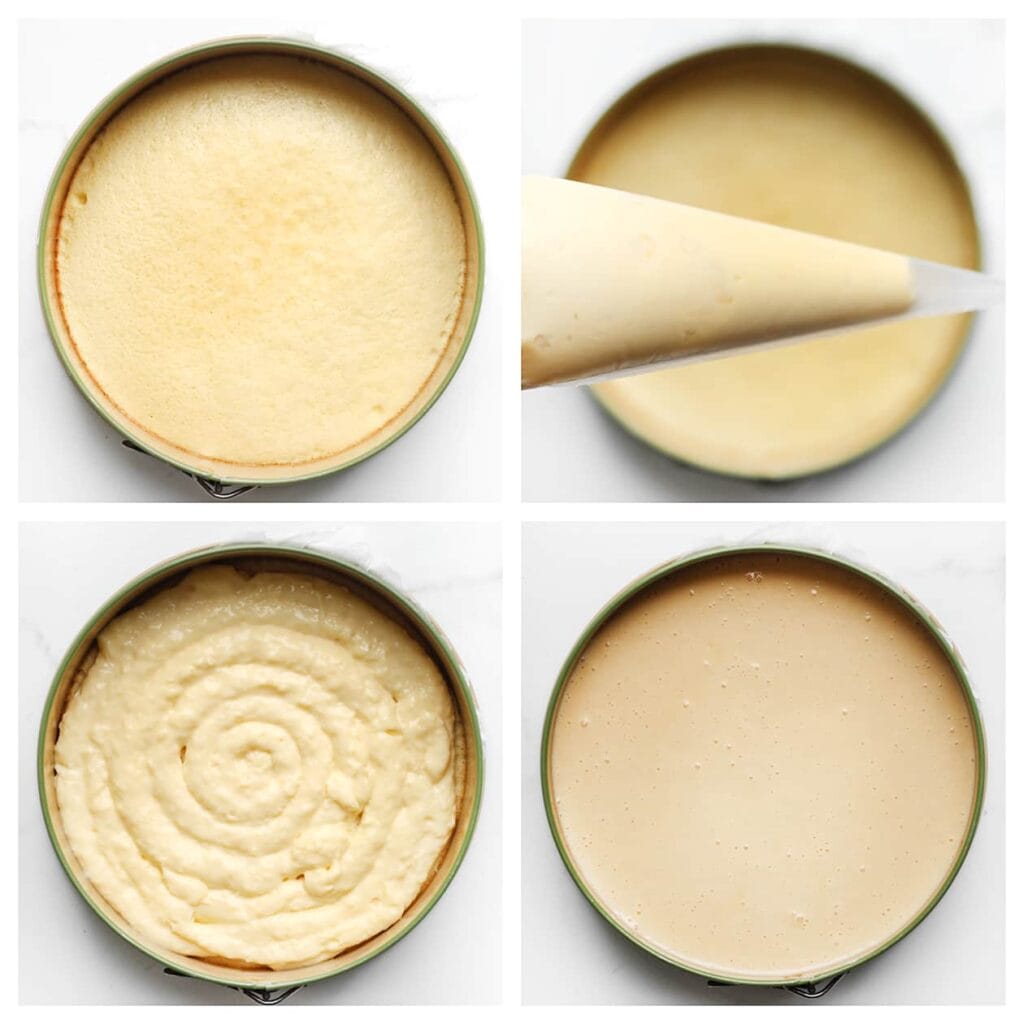 Haal de cake voorzichtig uit de oven. Verdeel de gele room over de cake en giet het overige cakebeslag erover.