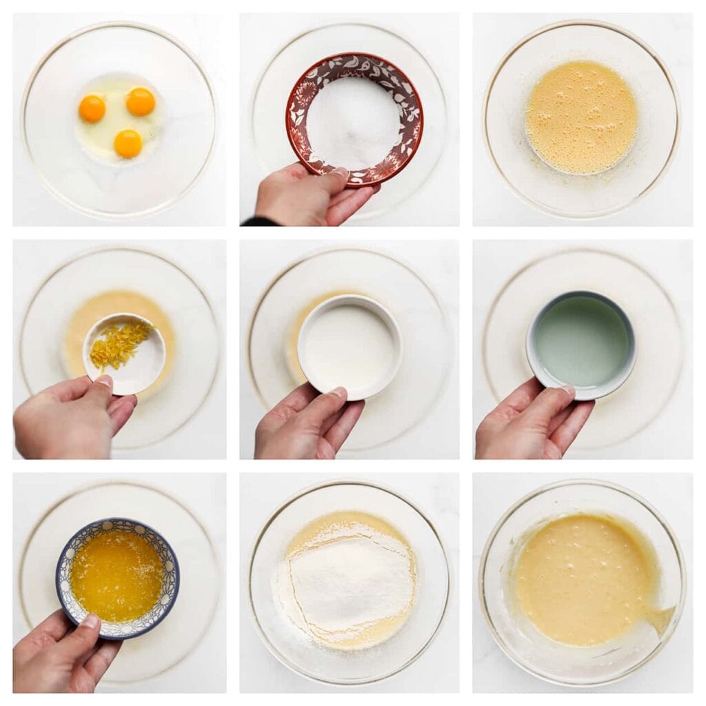 Breek 2 eieren boven een diepe kom. Voeg het eigeel, de suiker, vanillesuiker en het zout toe. Mix 2-3 minuten. Voeg de citroenrasp, melk, zonnebloemolie en gesmolten roomboter toe. Mix 1 minuut. Zeef de bloem en het bakpoeder boven de kom, en mix tot een gladde massa.