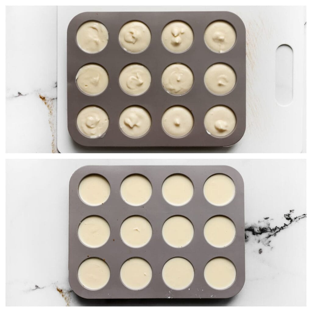 Verdeel het cheesecakebeslag (25-30 gram per stuk) over het koekjesdeeg. 