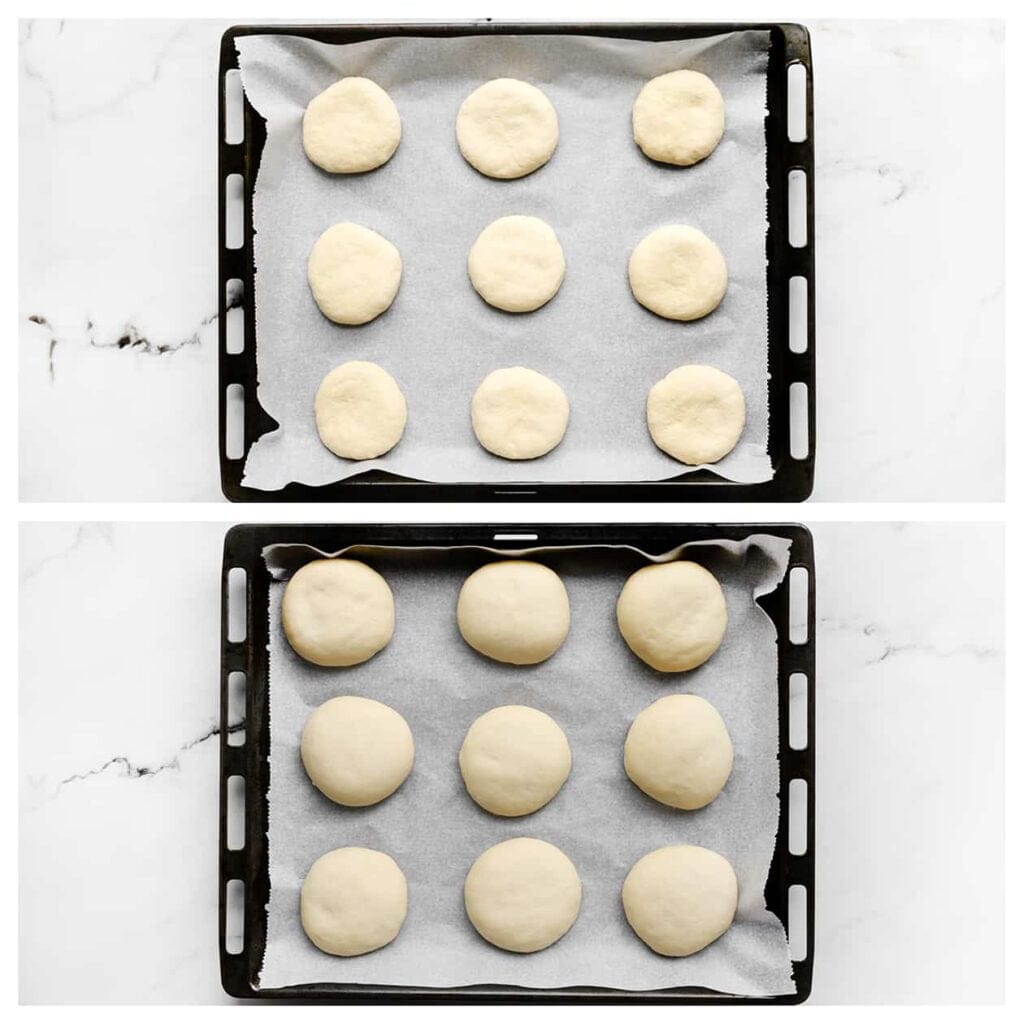 Leg het deeg op een bakplaat met bakpapier en laat 30 minuten rijzen, of totdat ze in omvang zijn verdubbeld.