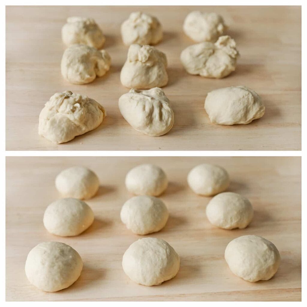 Verdeel het gerezen deeg in 9 gelijke stukken (ongeveer 75 gram per stuk) en vorm ze tot mooie, ronde bolletjes.