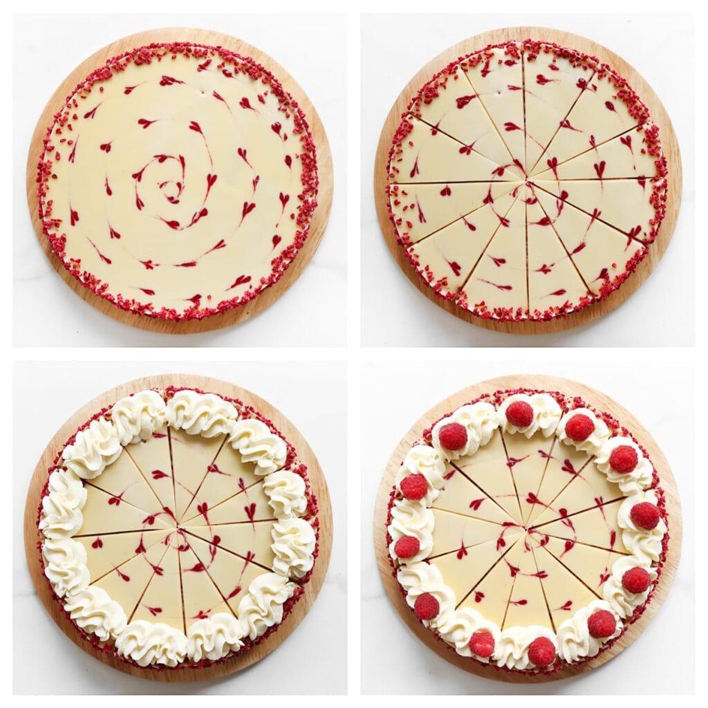 Snijd de frambozentaart in gelijke puntjes en garneer ze met room en verse frambozen.