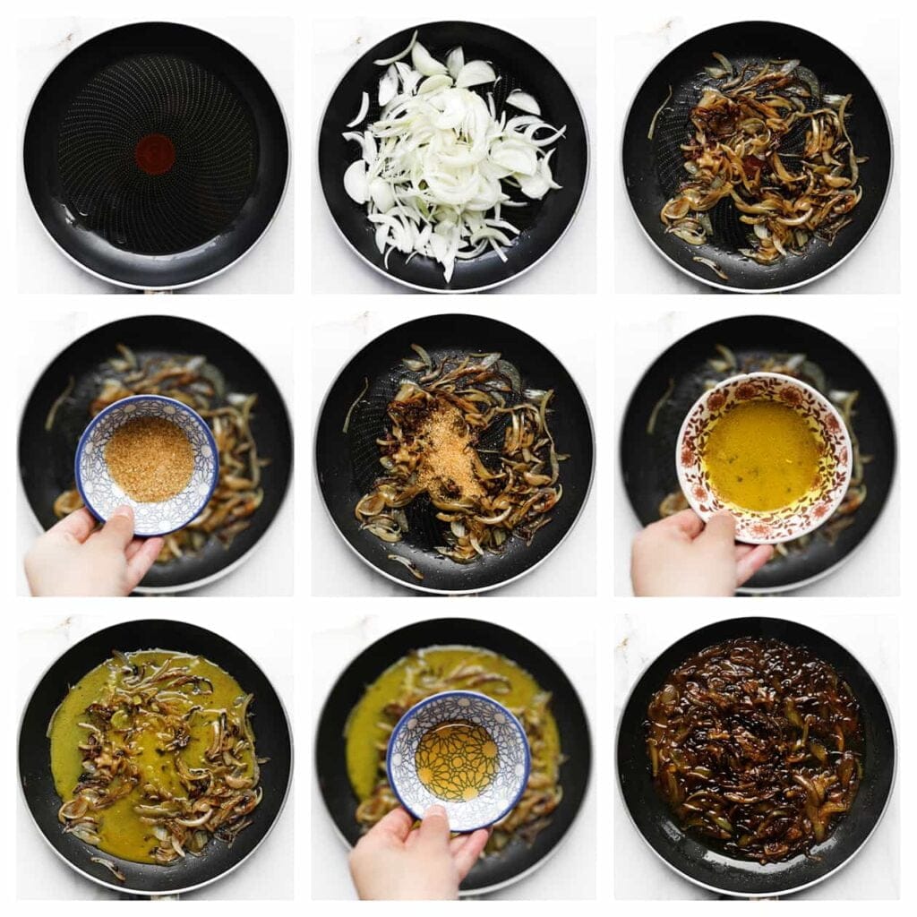 Verhit de zonnebloemolie in een koekenpan op middelhoog vuur. Voeg de gele ui toe en bak tot de randen goudbruin zijn. Zet het vuur vervolgens lager en bak, afgedekt, 15 minuten. Voeg daarna de rietsuiker, de apart gehouden jus en de honing toe. Meng goed en bak nog eens 7-10 minuten.