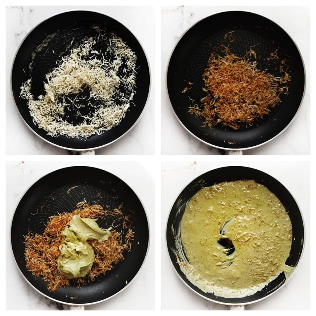 Verhit de roomboter in een koekenpan op middelhoog vuur, voeg de kataifi toe en bak deze goudbruin. Zet het vuur laag en voeg de speculoospasta toe. Meng alles goed door elkaar en laat het afkoelen.