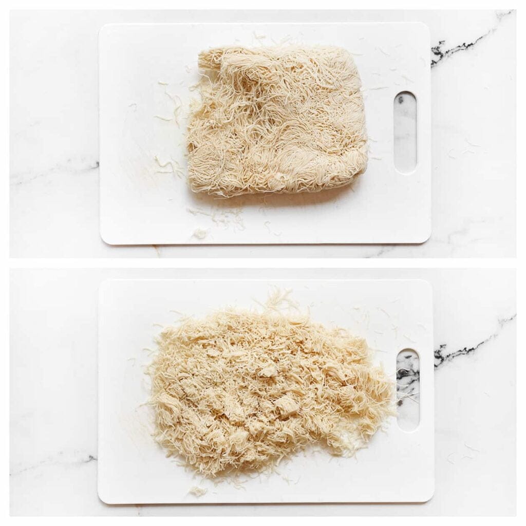 Snijd de kadayif in kleine stukjes.