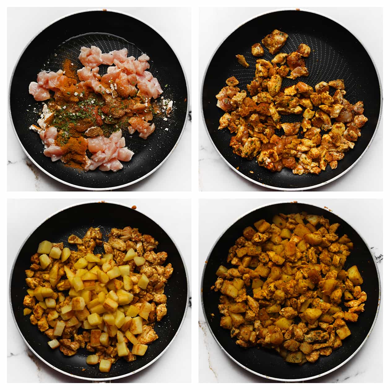 Kip gaar bakken en aardappels toevoegen