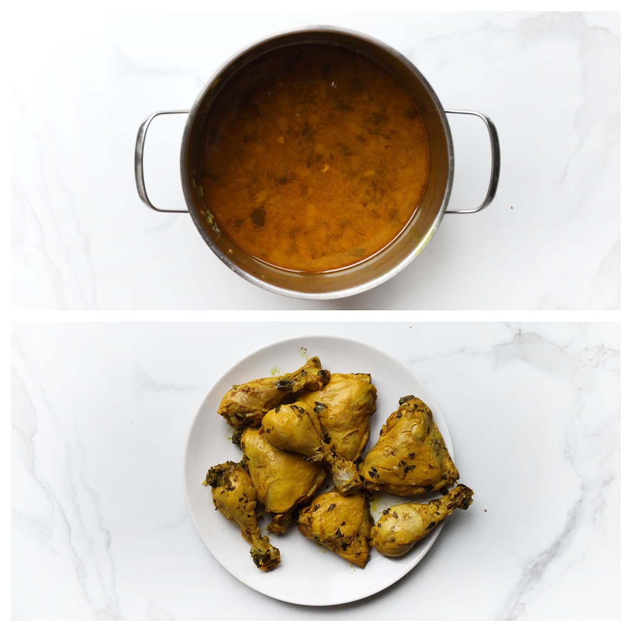 Kip voorzichtig uit de jus scheppen