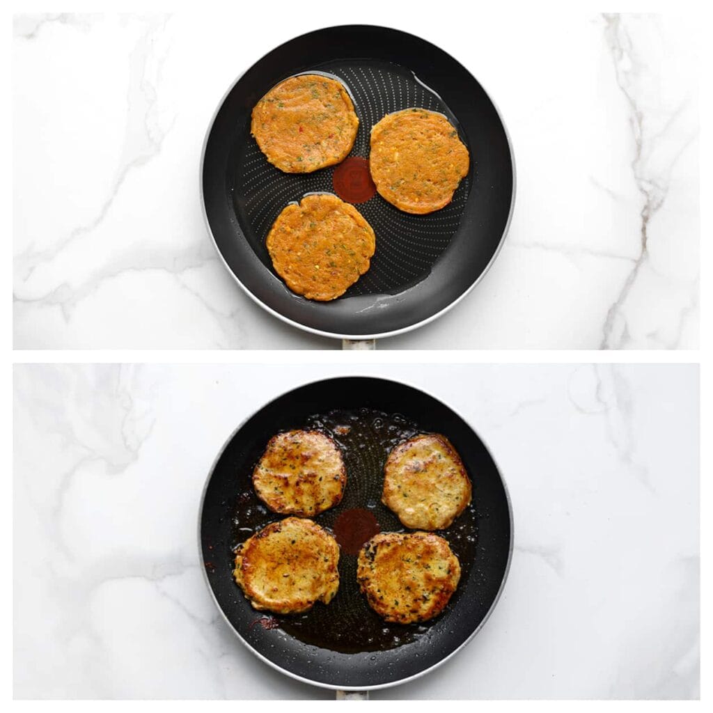 Bak de kipburgers in een koekenpan met een beetje zonnebloemolie aan beide kanten gaar.