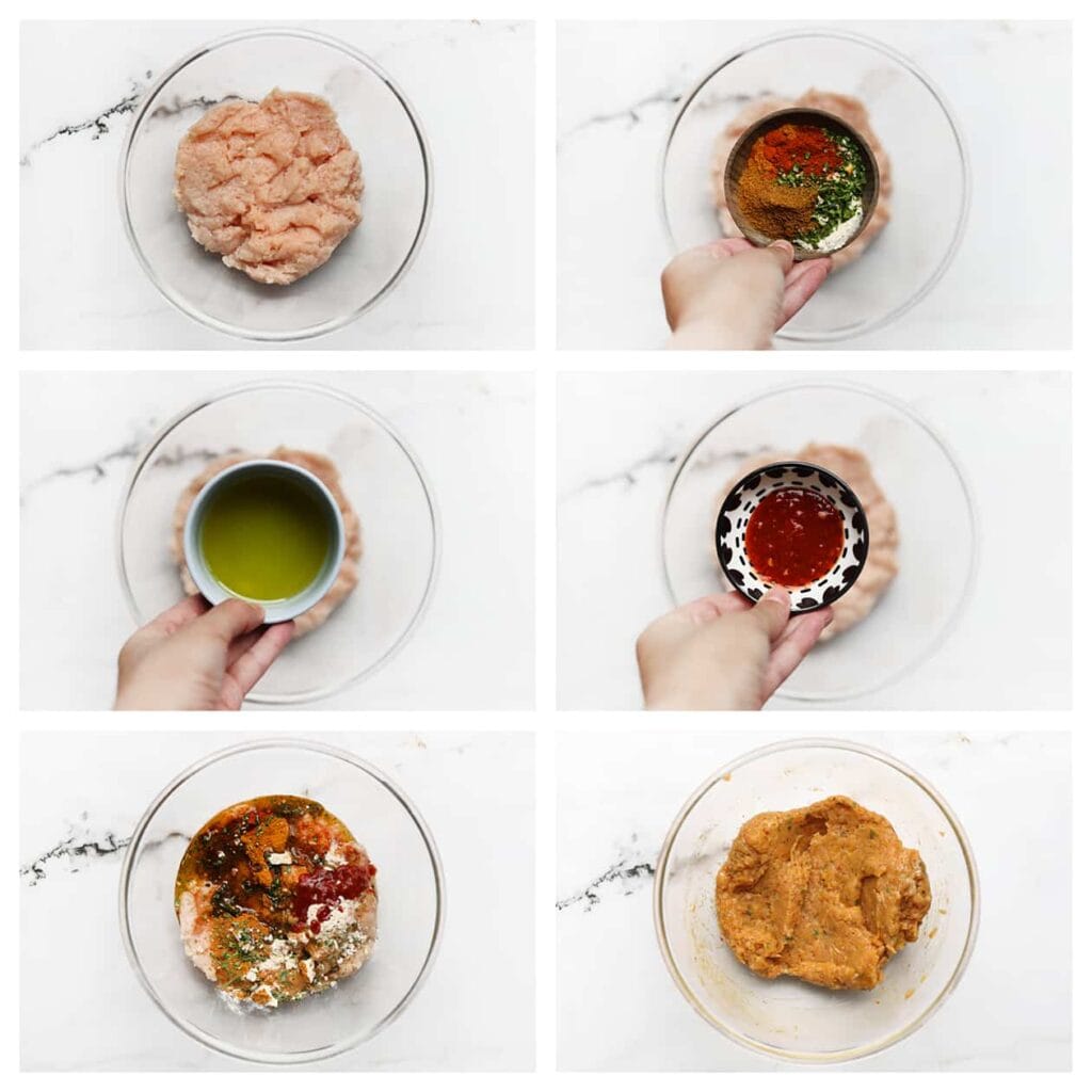 Meng het kipgehakt, de olijfolie, ras el hanout, kurkuma, uienpoeder, knoflookpoeder, gedroogde peterselie, cayennepeper en sambal tot een geheel in een kom.