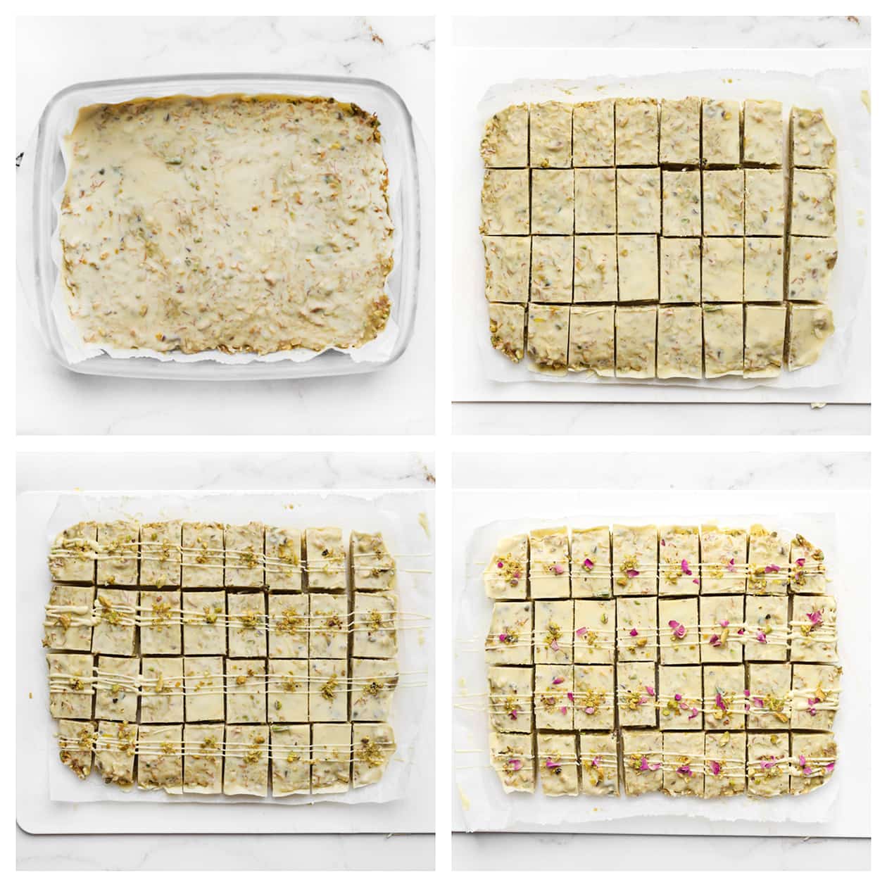 Koek snijden in blokjes en garneren