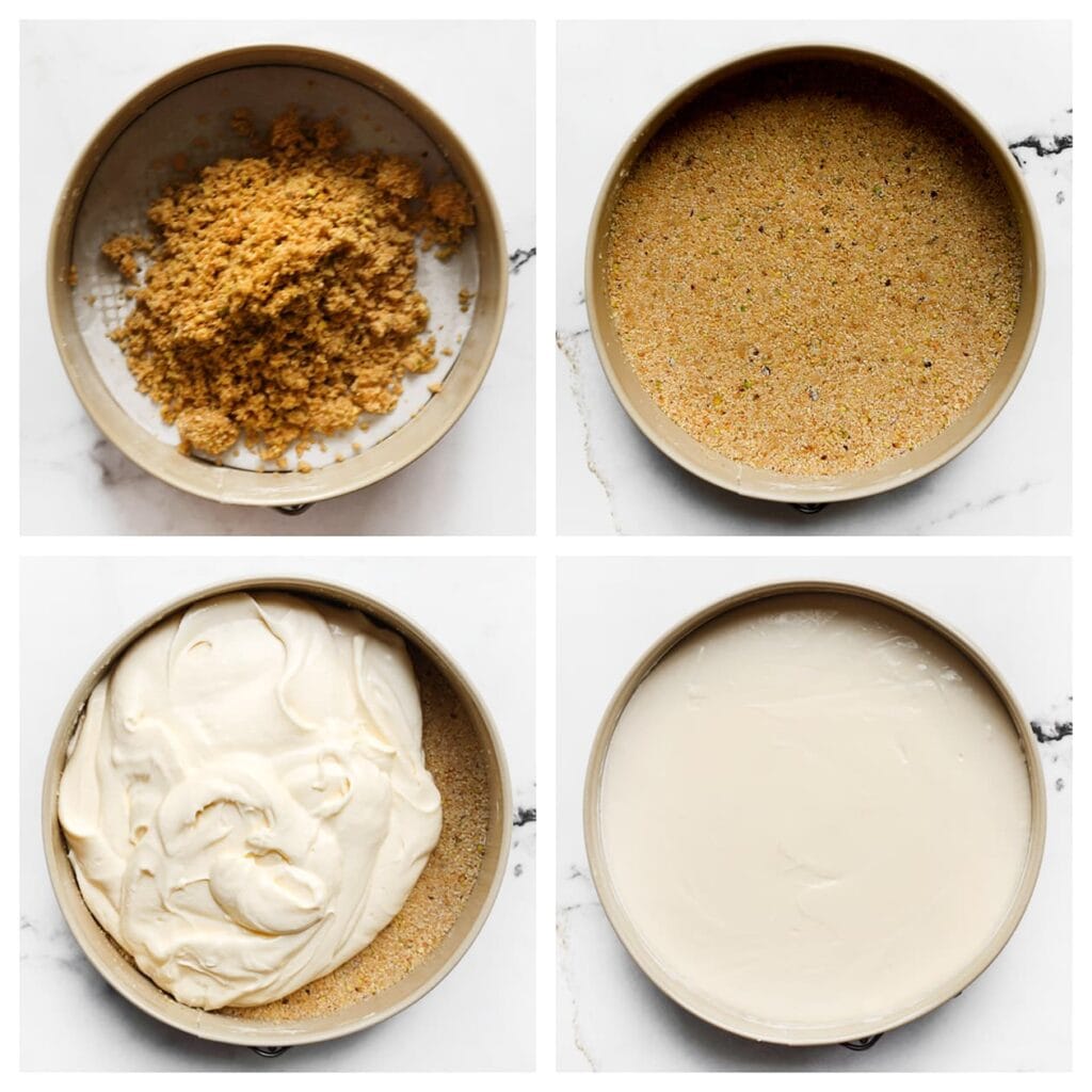 Neem een springvorm en verdeel het koekjesdeeg gelijkmatig over de bodem, bekleed met bakpapier. Druk het stevig aan met behulp van de onderkant van een lepel. Giet het cheesecakebeslag erover.