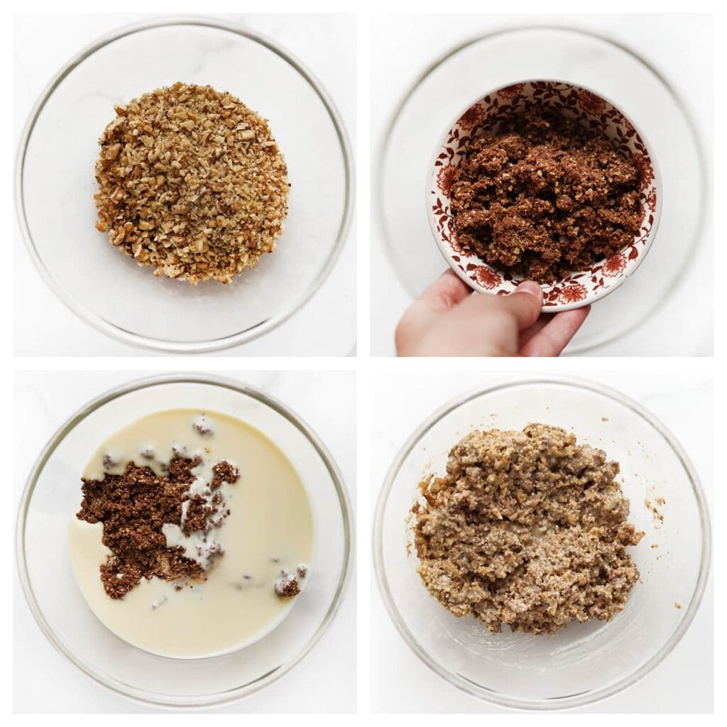 Doe de walnoten, chocoladewafelkoekjes, maria-biscuit en gecondenseerde melk in een diepe kom. Meng goed.