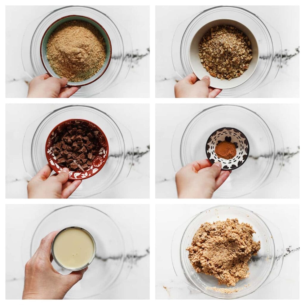 Hak de chocolade met koffiesmaak in kleine blokjes. Doe de fijngemalen koekjes, gemalen walnoten, gehakte chocolade, kaneelpoeder en gecondenseerde melk in een diepe kom en meng goed.