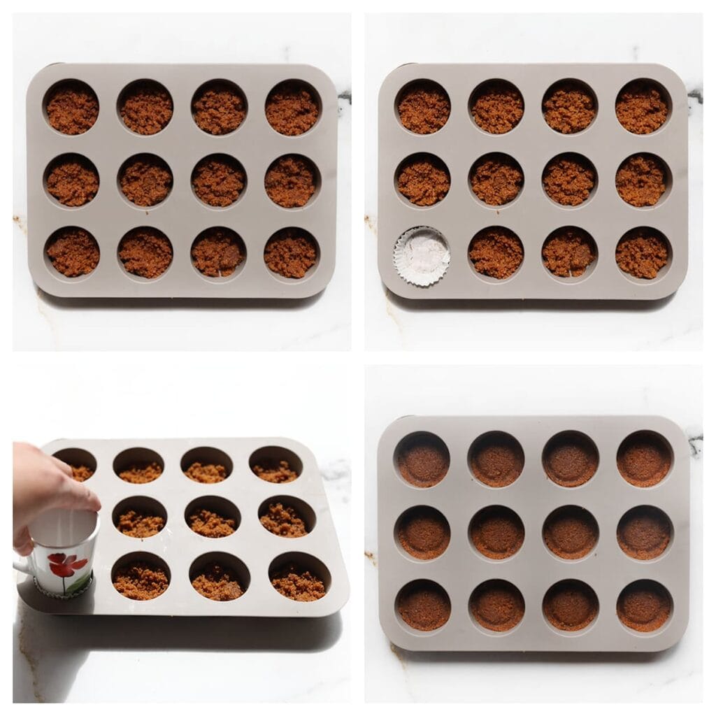 Verdeel het koekjesdeeg over een mini muffinbakvorm of siliconenvorm (9 gram per stuk). Bedek het koekjesdeeg met een cupcakepapiertje en druk stevig aan met een klein glaasje of rond voorwerp. Zet de vorm even in de koelkast.