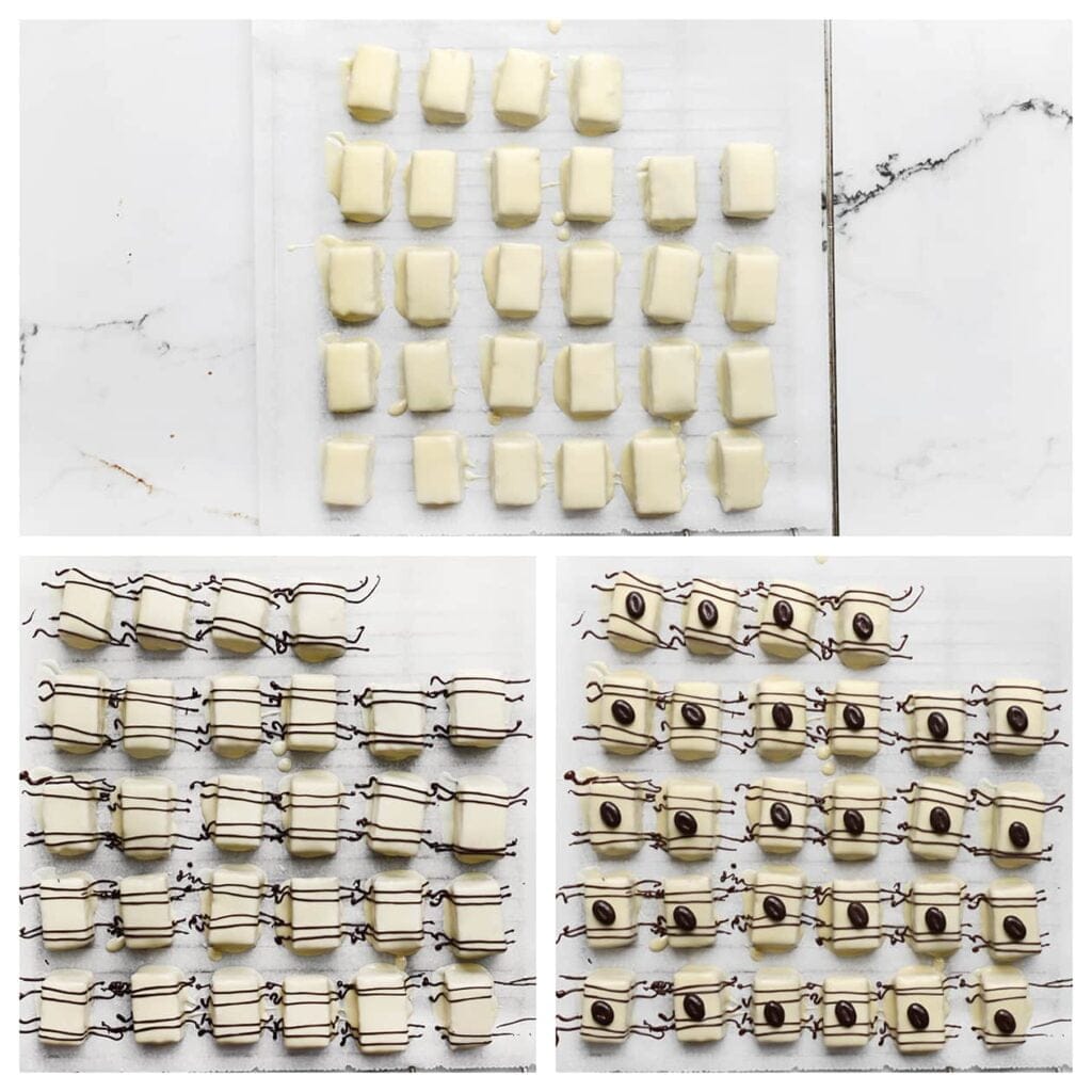 Leg de café noir bonbons op een vel bakpapier. Garneer ze met lijntjes pure chocolade en mokkaboontjes.