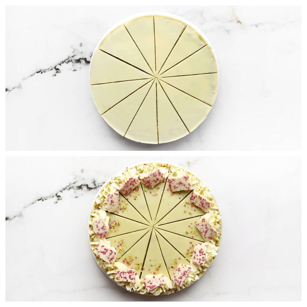 Snijd de pistachecheesecake in stukken. Indien gewenst, garneer met slagroom, witte chocolade, gedroogde frambozen en gehakte pistachenoten.