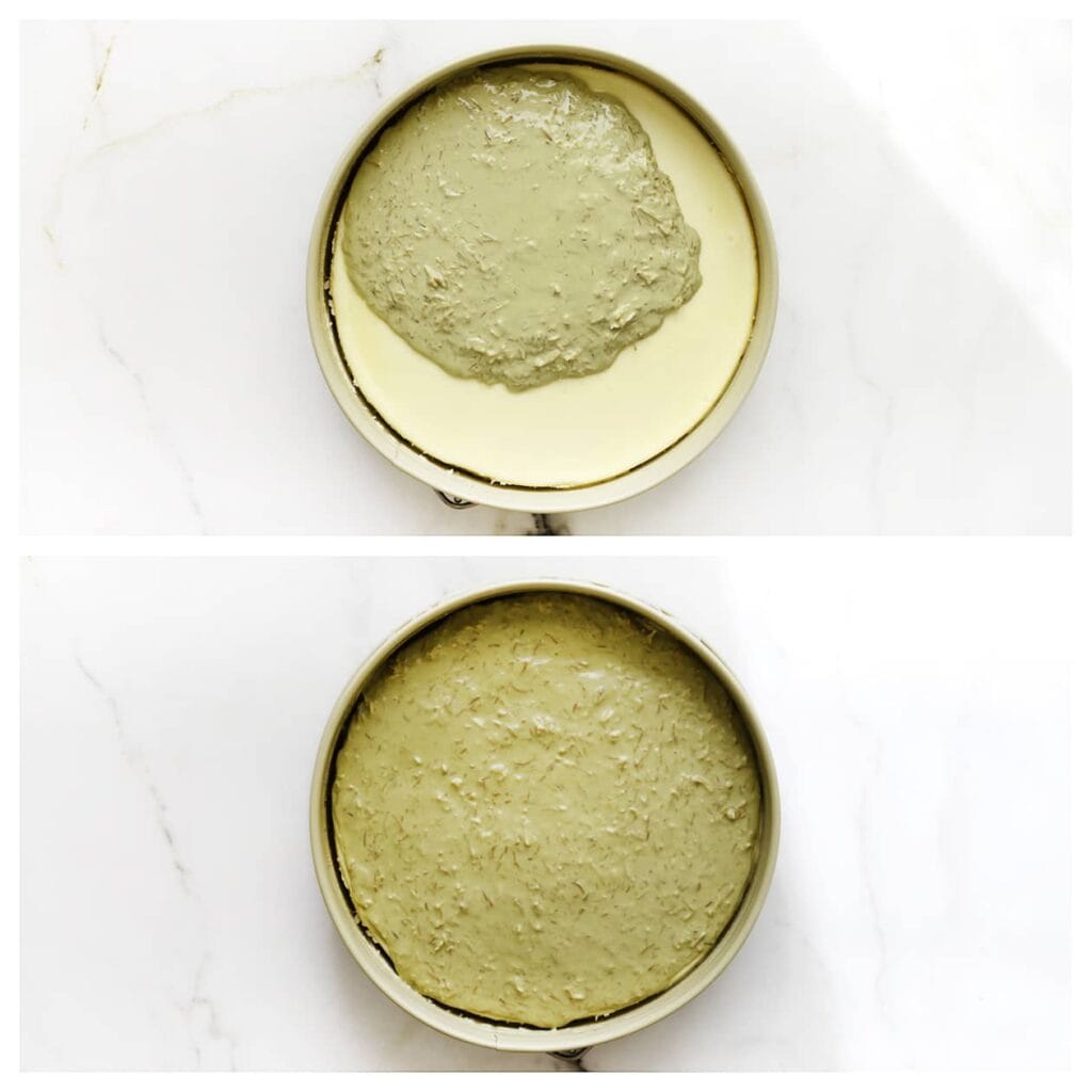 Verdeel het pistachemengsel gelijkmatig over de cheesecake. Zet de cheesecake, afgedekt, 30 minuten in de koelkast zodat het stevig wordt.