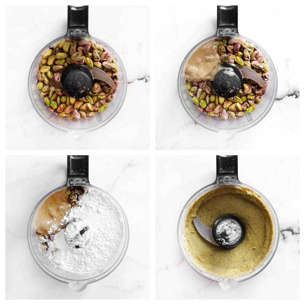 Doe de pistachenoten, tahinsaus en poedersuiker in een hakmolen en maal fijn.