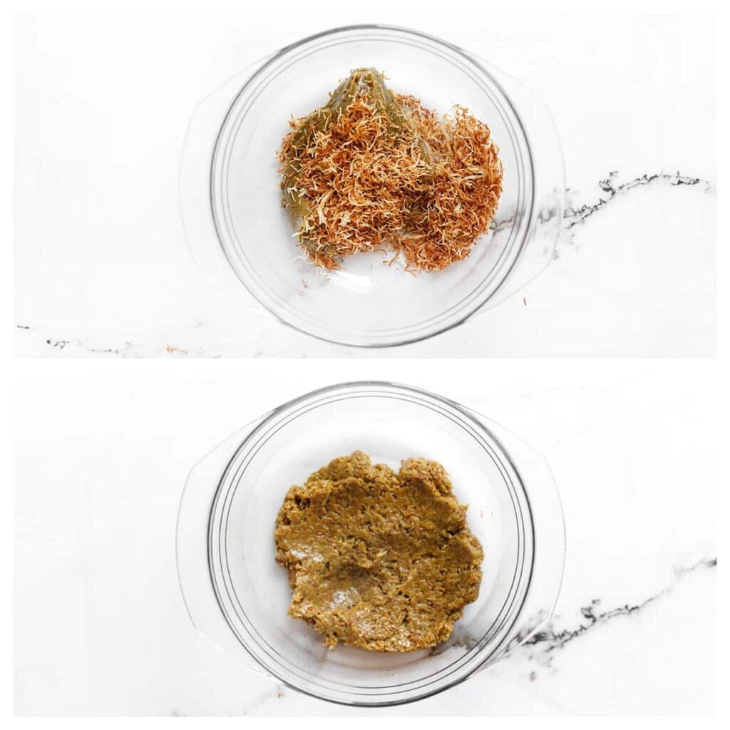 Meng de pistachepasta met 35 gram van de gebakken kadayif in een kom.