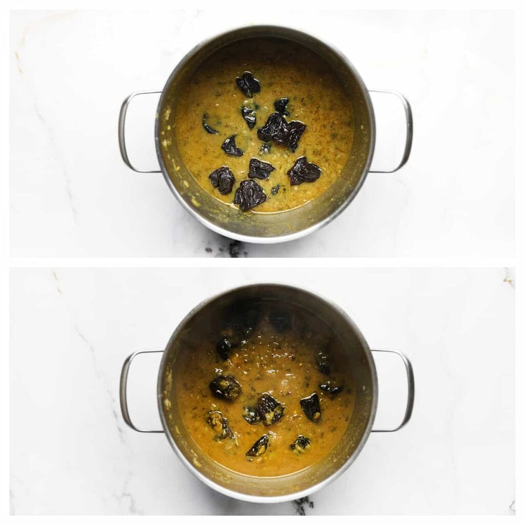 Voeg de pruimen toe aan de pan met jus en kook 7-10 minuten op hoog vuur of totdat de saus is ingedikt. Blijf hierbij staan en houd het goed in de gaten.