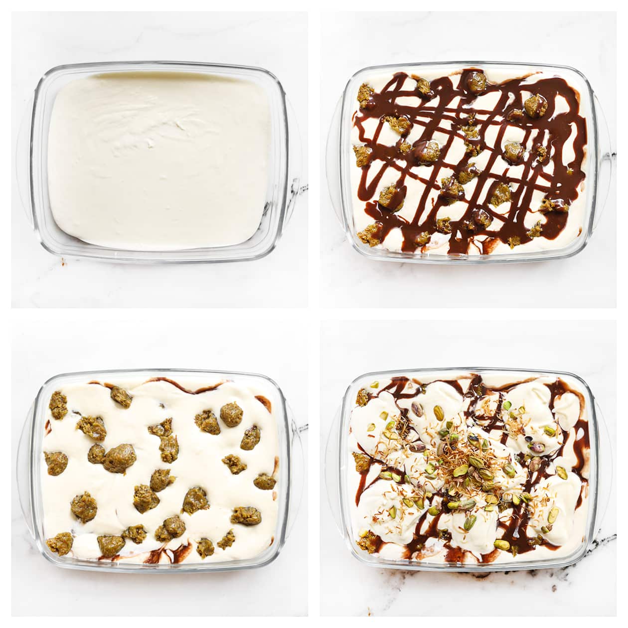 Roomijs, pistachebollen, chocolade en pistachenoten verdelen over een schaal