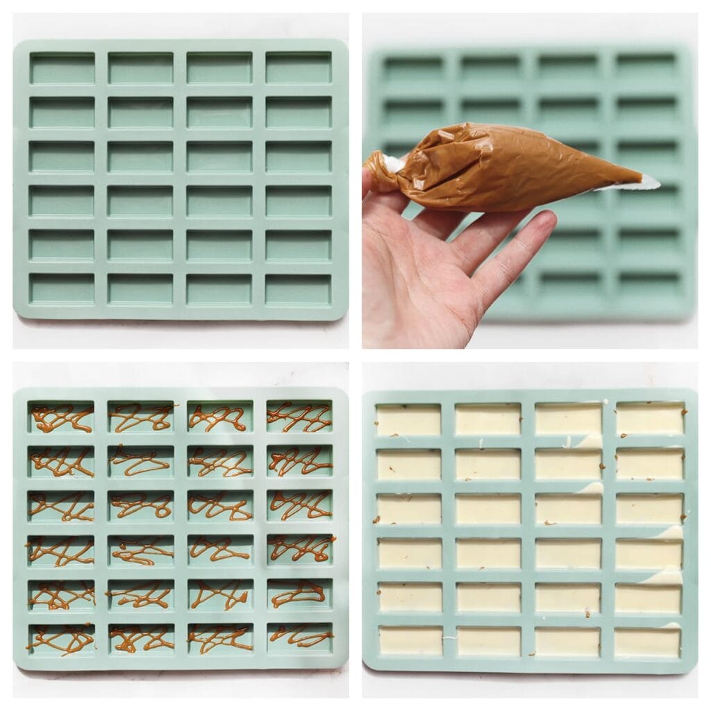 Spuit wat lijntjes speculoospasta over de siliconenvorm en giet er een laagje van de gesmolten witte chocolade overheen. Zet de vorm in de koelkast totdat de chocolade stevig is.