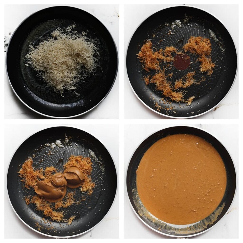 Snijd de kataifi klein. Verhit de roomboter in een koekenpan op middelhoog vuur, voeg de kataifi toe en bak deze tot ze goudbruin is. Zet het vuur laag en voeg 175 gram speculoospasta toe. Meng alles goed door elkaar en laat het afkoelen.