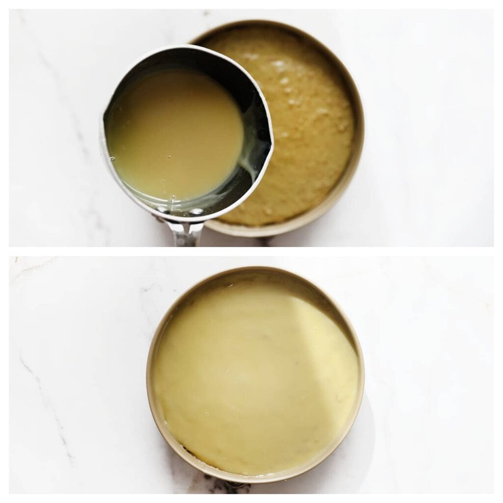 Giet de witte chocoladeganache over de pistachecheesecake. Zet de cheesecake enkele uren in de koelkast om op te stijven, het liefst een hele nacht.