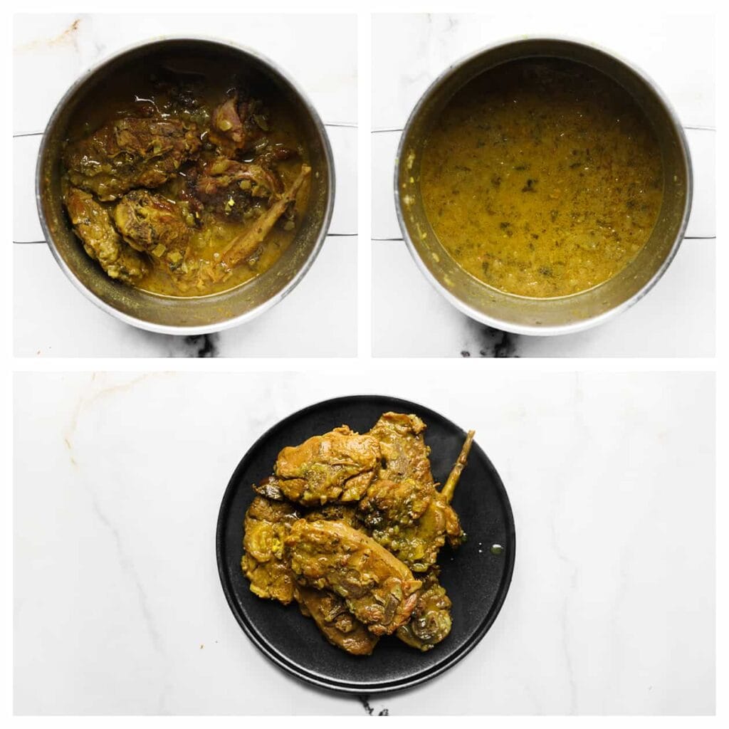 Haal voorzichtig het vlees uit de pan en leg het op een bord. Schep 125 ml jus uit de pan en zet dit apart.