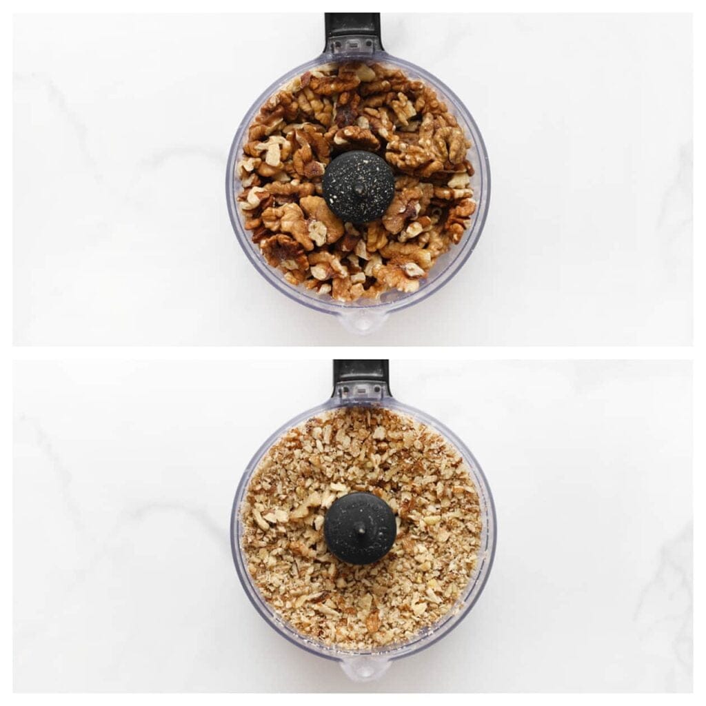 Maal de walnoten niet al te fijn in een hakmolen.