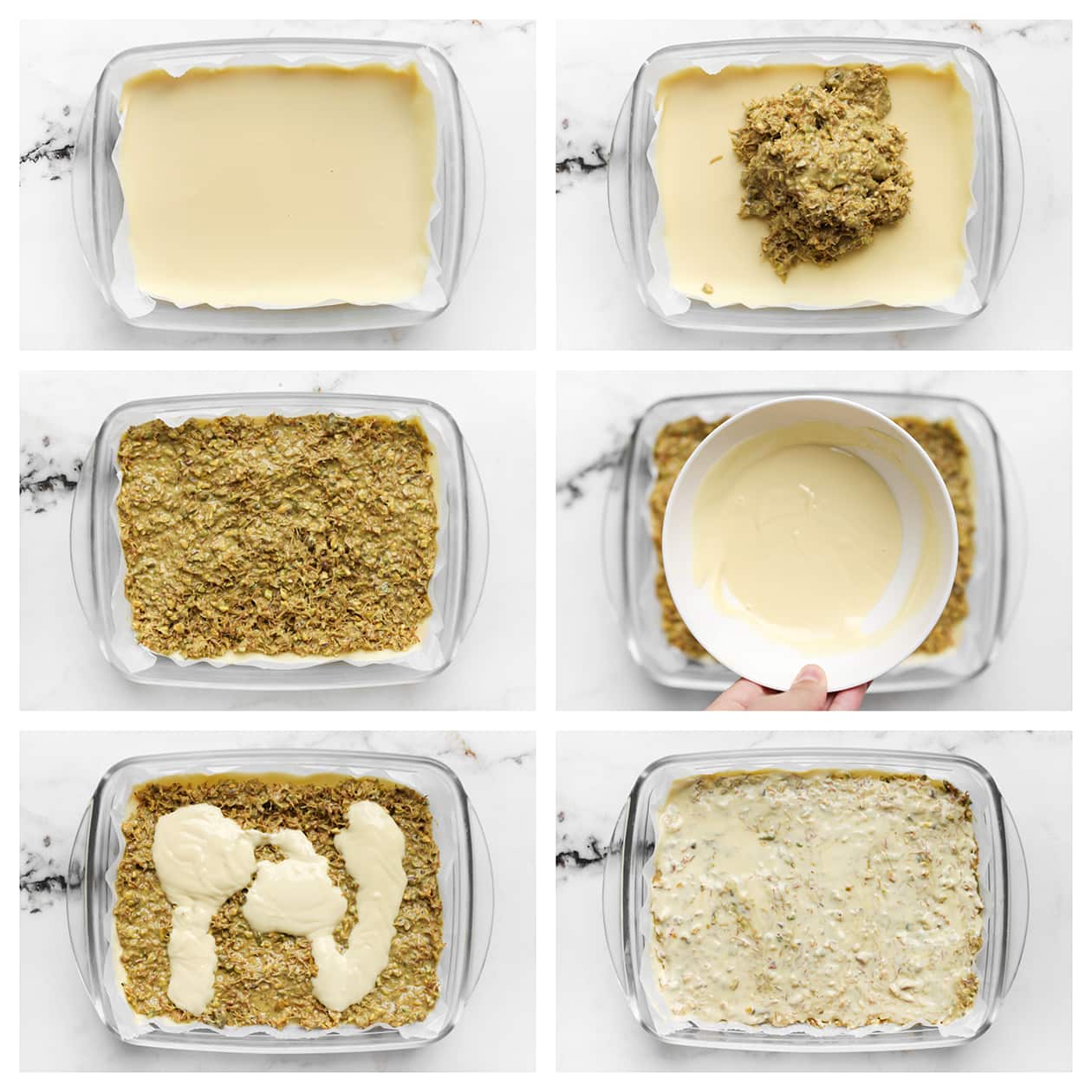 Witte chocolade en pistachemengsel verdelen over een schaal