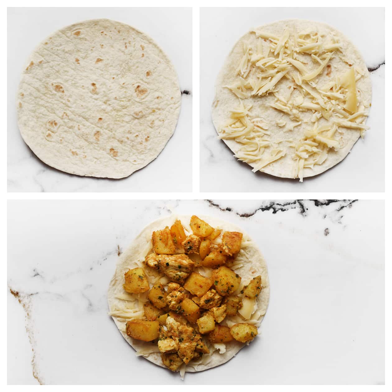 Wrap vullen met geraspte kaas en het kip-aardappelmengsel