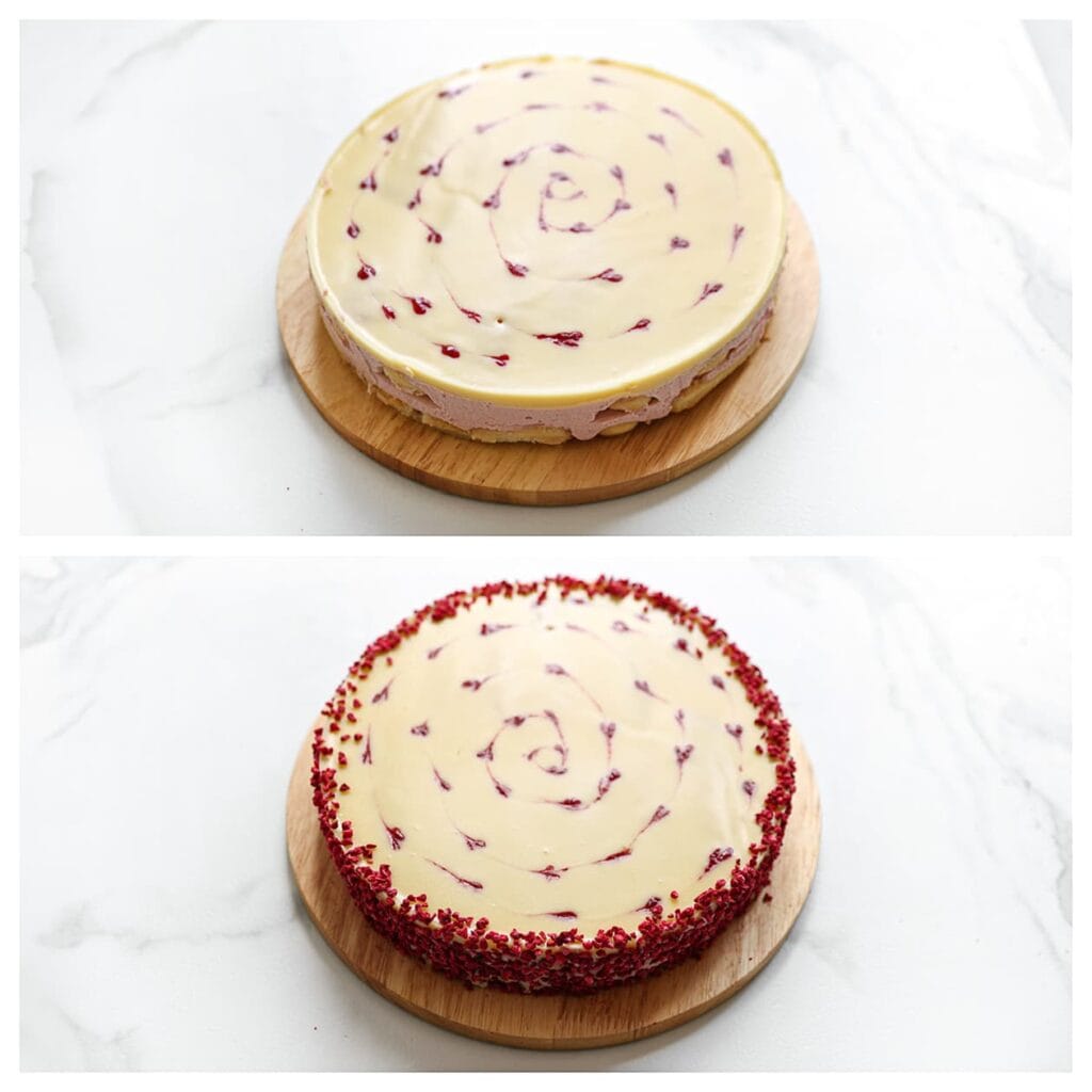 Garneer de zijkanten van de frambozentaart met gevriesdroogde frambozen.