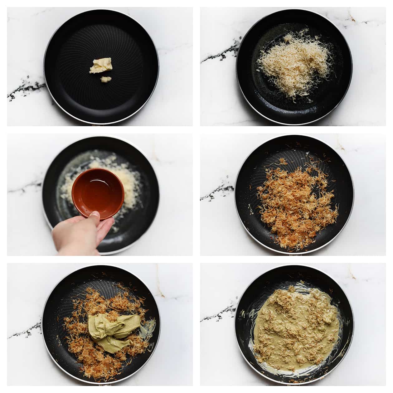 pasta krokant bakken en pistachepasta toevoegen