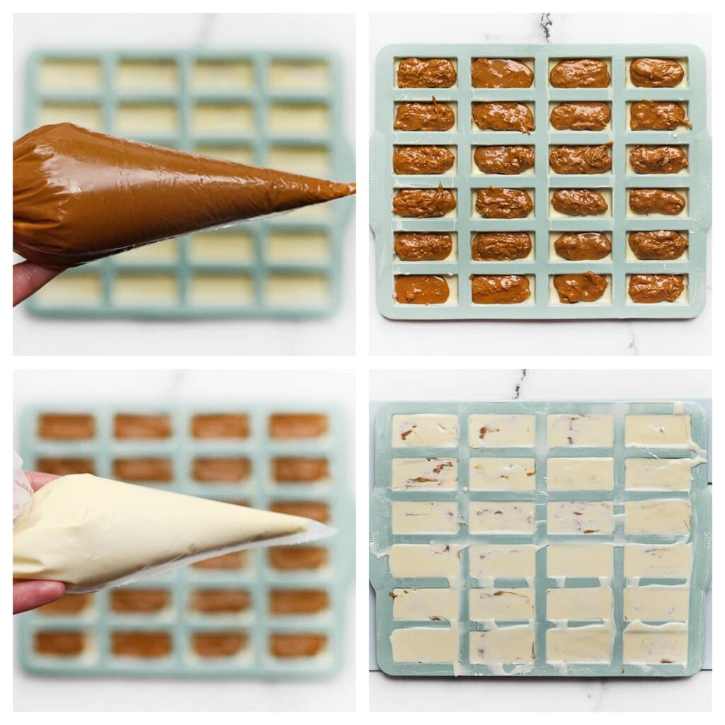 Smelt de resterende 150 gram witte chocolade au bain-marie. Verdeel het speculoosmengsel over de stevige witte chocolade. Voeg de gesmolten witte chocolade toe en smeer deze gelijkmatig uit. Zet het geheel in de koelkast zodat de chocolade goed stevig wordt.