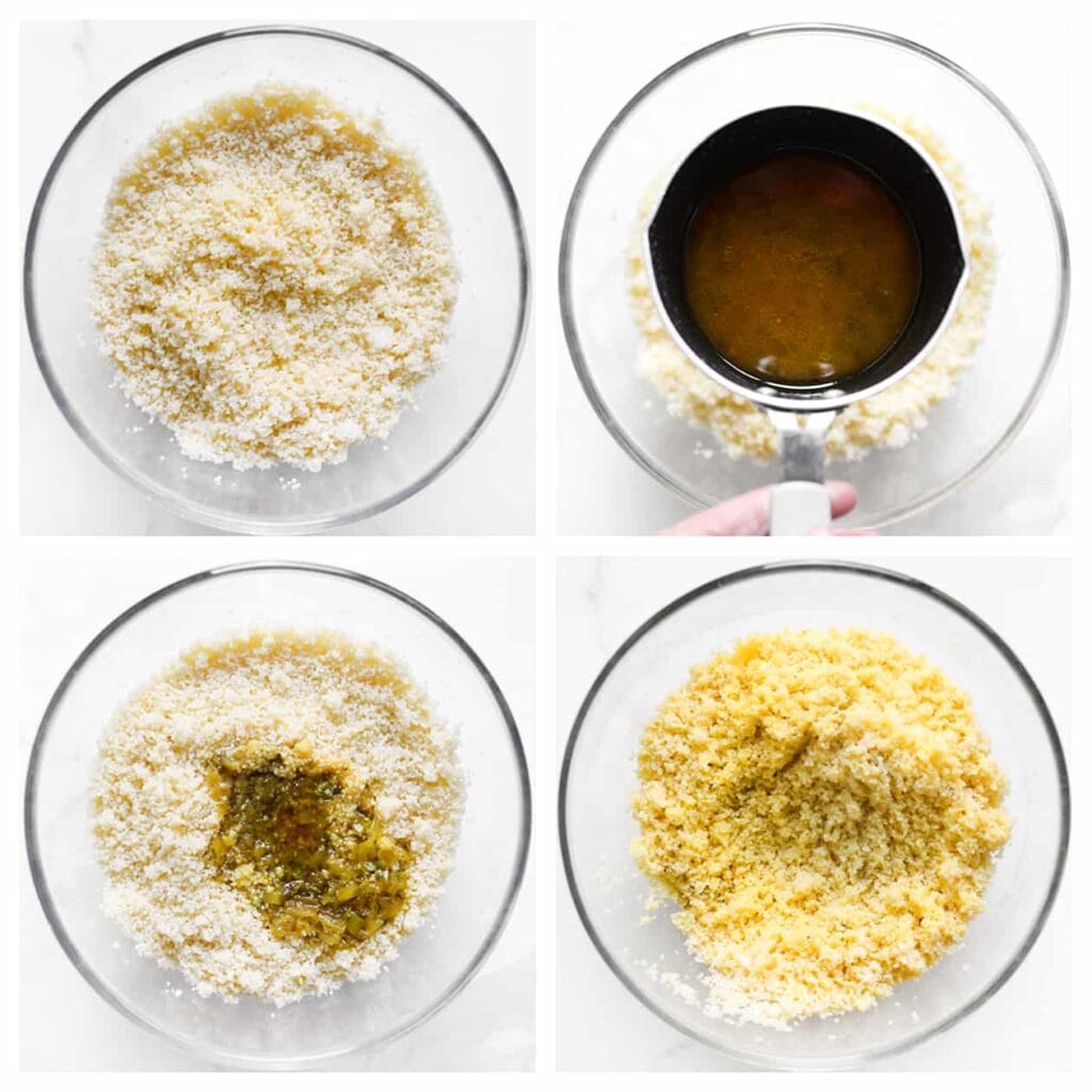 Doe de couscous in een diepe kom. Voeg naar smaak kipjus toe en meng goed (voeg niet alle kipjus tegelijk toe maar in stappen zodat je niet teveel toevoegt).