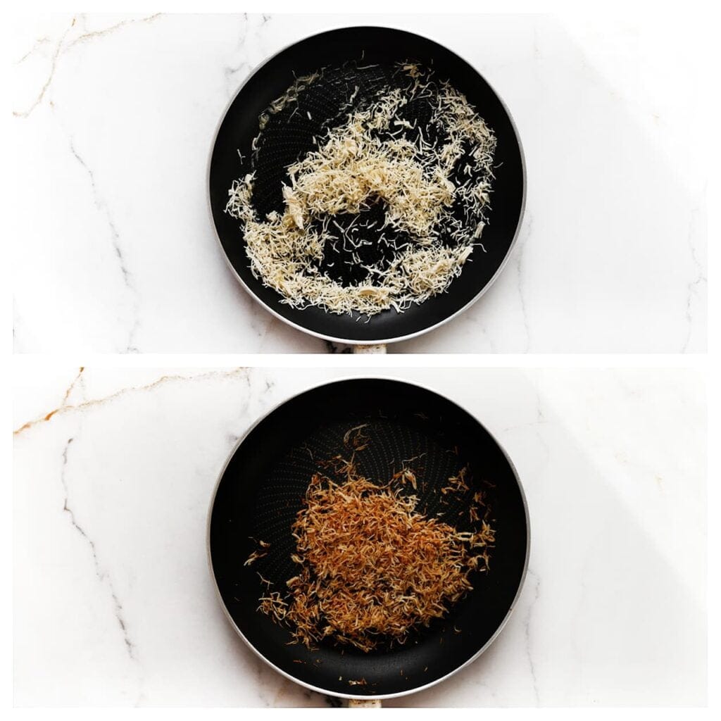 Verhit de roomboter in een koekenpan op middelhoog vuur. Voeg de kadayif en suiker toe en bak tot ze goudbruin zijn.