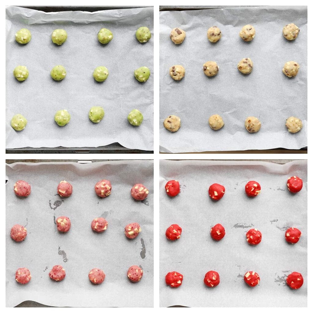 Neem steeds ongeveer 30 gram van het koekjesdeeg en vorm er een bol van. Leg de bollen op een bakplaat bekleed met bakpapier en druk ze lichtjes plat. Laat de bakplaat met koekjesbollen even in de koelkast staan zodat het deeg steviger wordt.