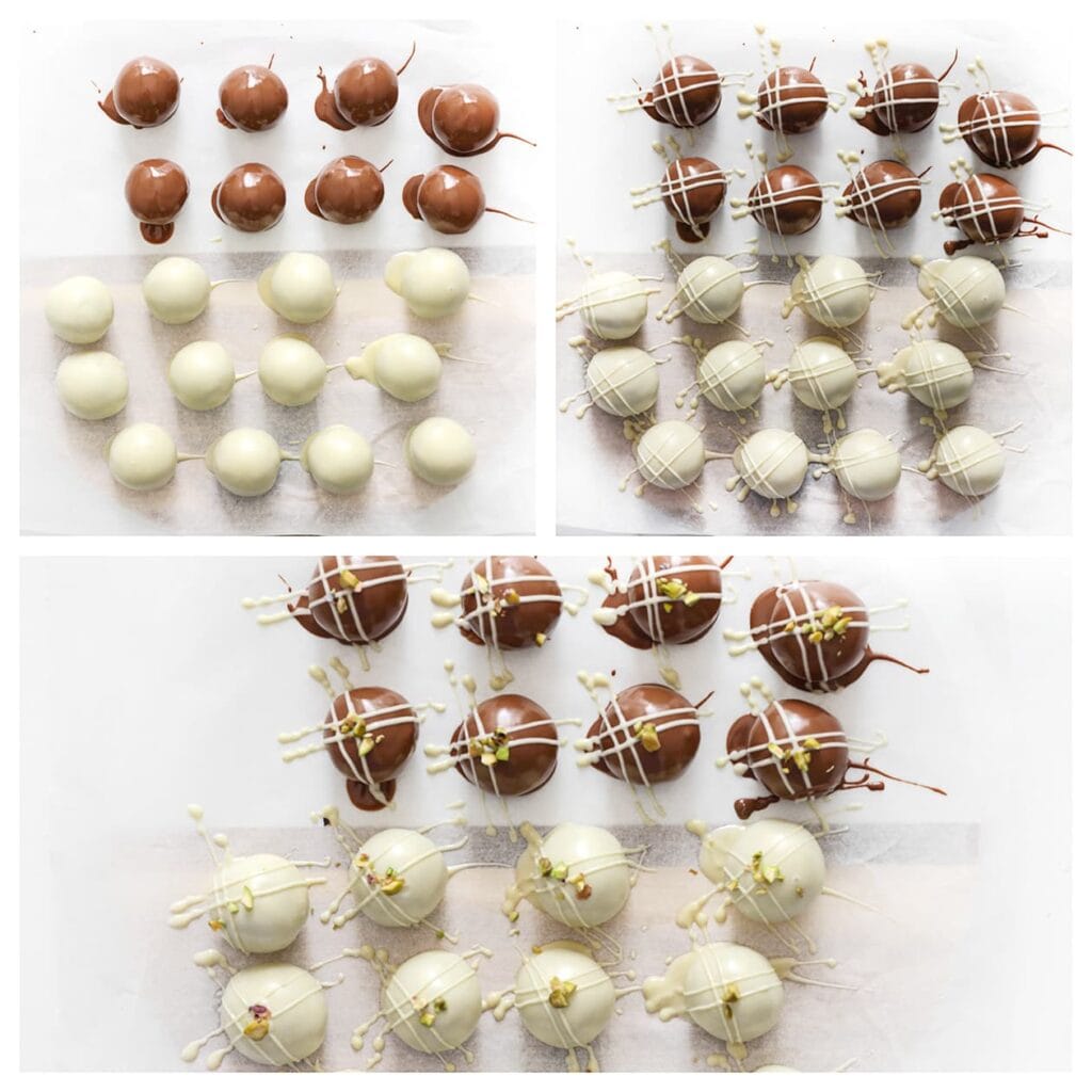 Leg de pistacheballetjes op een vel bakpapier. Garneer ze met chocoladelijntjes en gehakte pistachenoten.