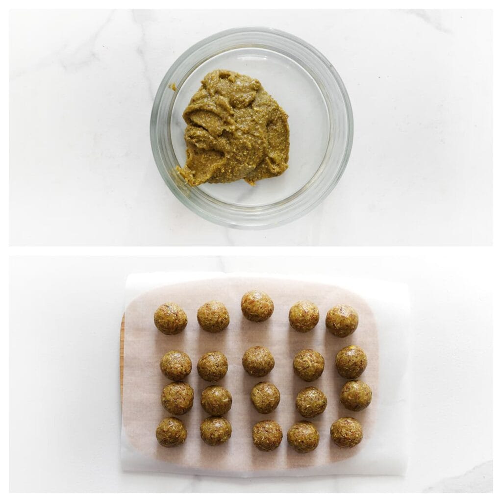 Verdeel het pistachemengsel in porties van 15 gram en vorm er mooie ronde balletjes van.