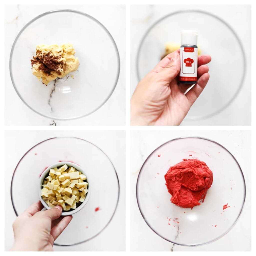 Neem een tweede stuk koekjesdeeg en doe dit in een andere kom. Voeg het cacaopoeder, de kleurstofgel en gehakte witte chocolade toe en meng goed.