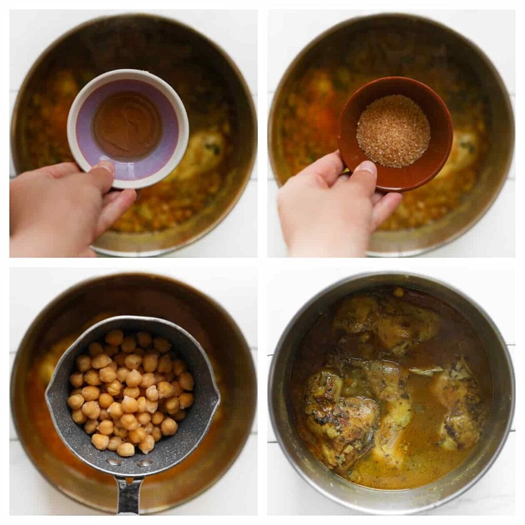 Voeg honing, rietsuiker en kikkererwten toe aan de kip. Meng goed en laat nog 10-15 minuten koken.